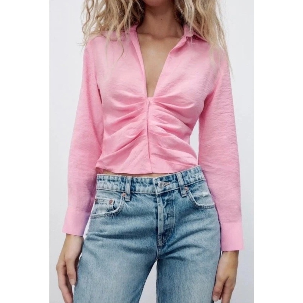 Zara Pink Ruched Long Sleeve Shirt Size Medium Long Sleeve Button Front Top